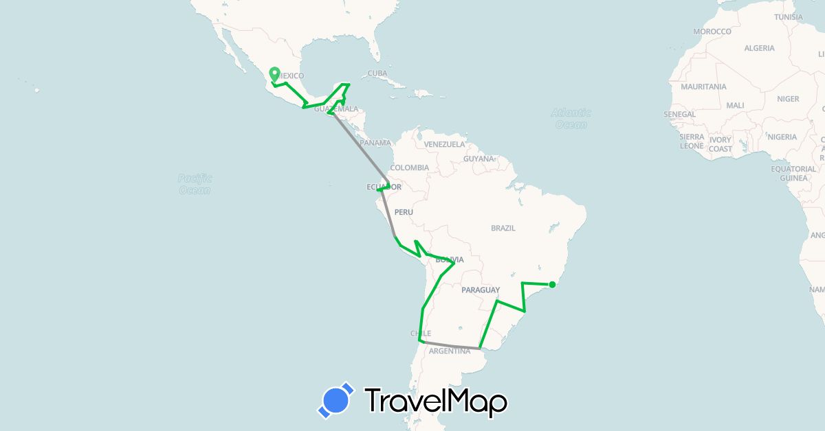 TravelMap itinerary: driving, bus, plane in Argentina, Bolivia, Brazil, Belize, Chile, Ecuador, Guatemala, Mexico, Peru (North America, South America)